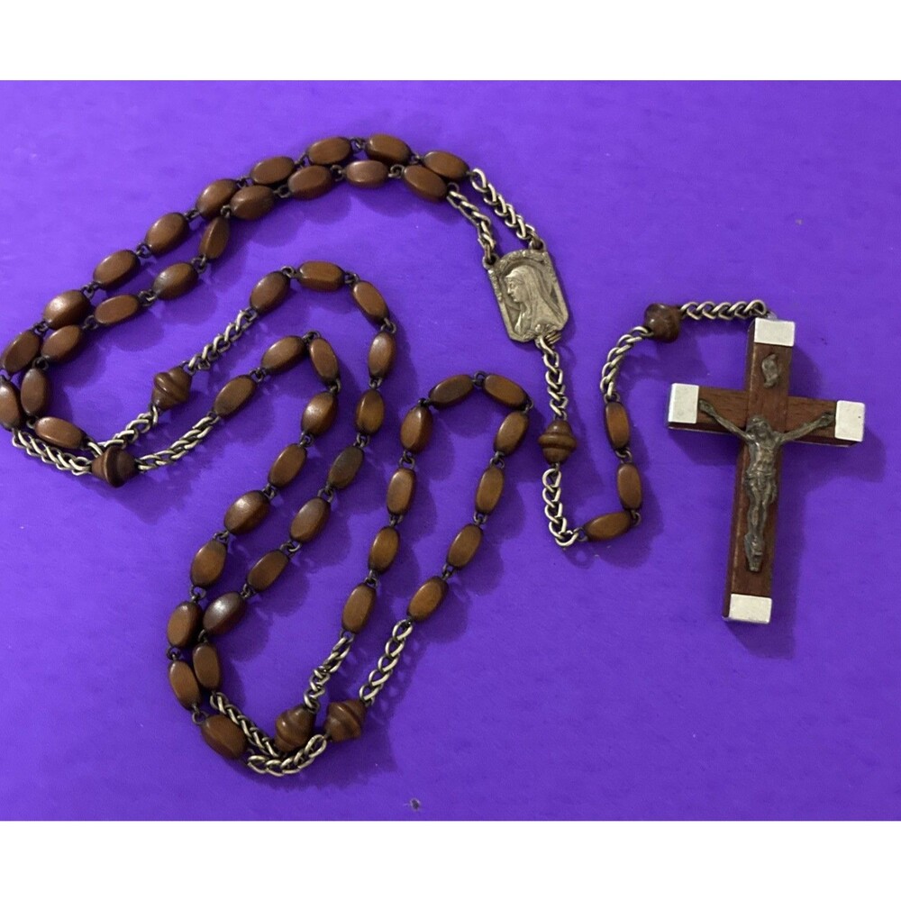 Vtg Wood Rosary, Relic Glass Water Vial, Lourdes France Pat. Pend, Christianity
